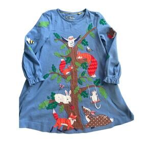 Mini Boden Tree Applique woodland dress riviera blue 6 7 cotton forest friends